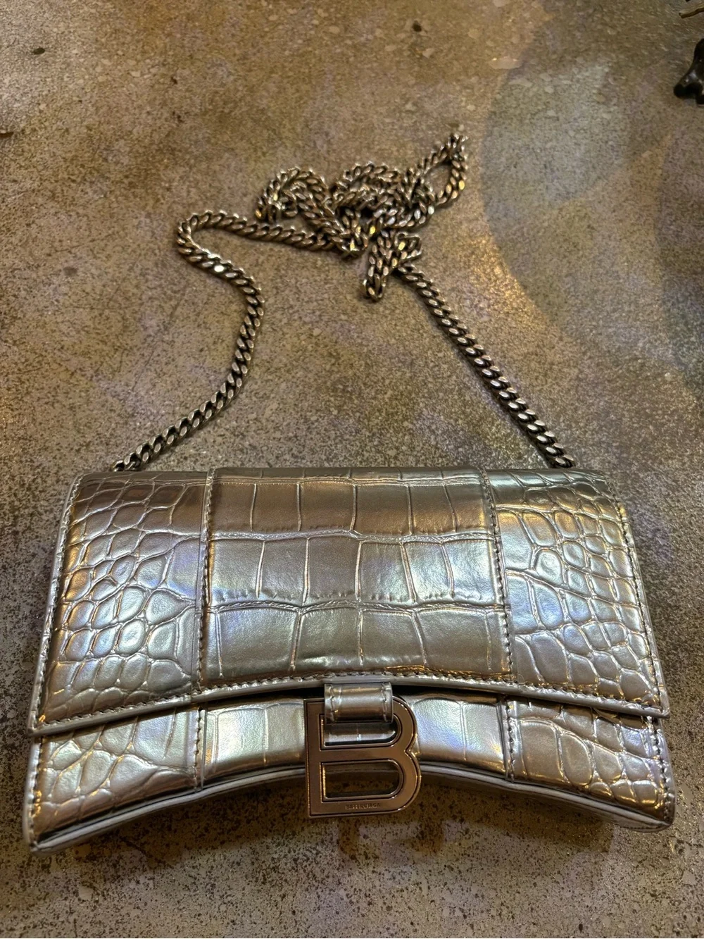Balenciaga Metallic Silver Croc-Embossed B-Buckle Wallet